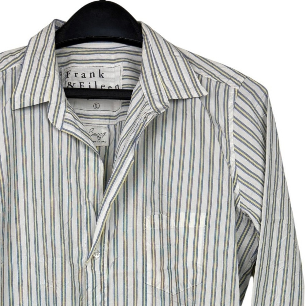 Frank & Eileen Barry Shirt Womens L 100% Italian Cotton Blue Yellow Striped Top